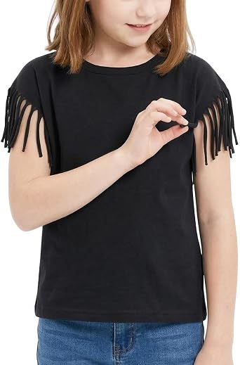 Noomelfish الفتيات فرينج كم تي شيرت Tassel الصيف تي شيرت توب 5-12 سنة