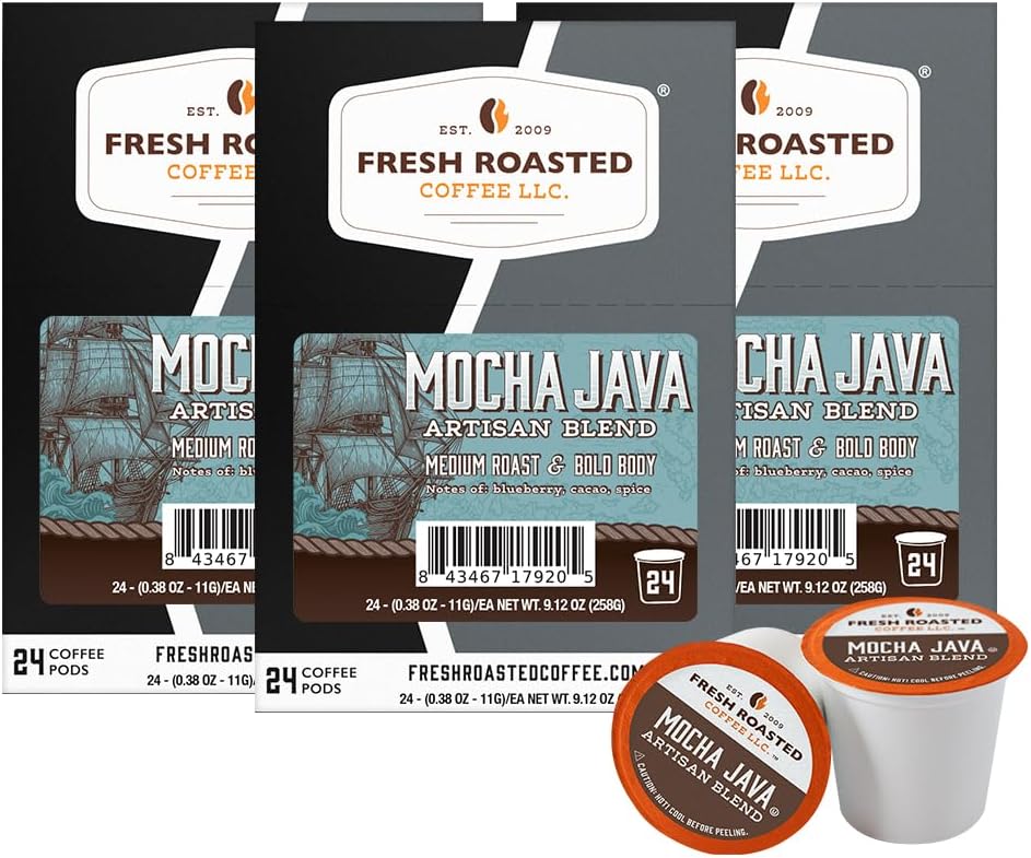 Fresh Roasted Coffee, Mocha Java, Medium Roast, 72 Pods for K Cup Brewers