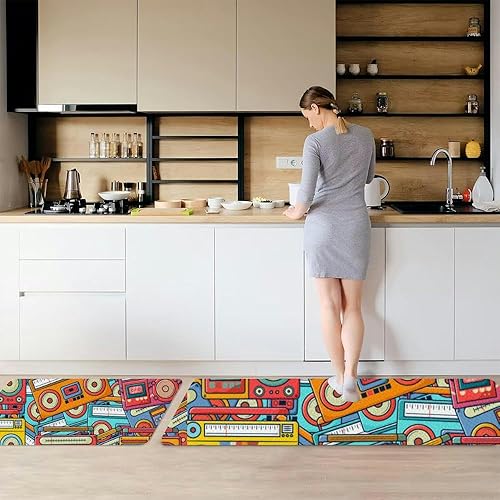 Miniatura 4 de Juego de 2 tapetes de cocina de estilo retro de los años 70, 80 y 90, estilo garabato, juego de 2 tapetes de cocina antideslizantes y lavables para