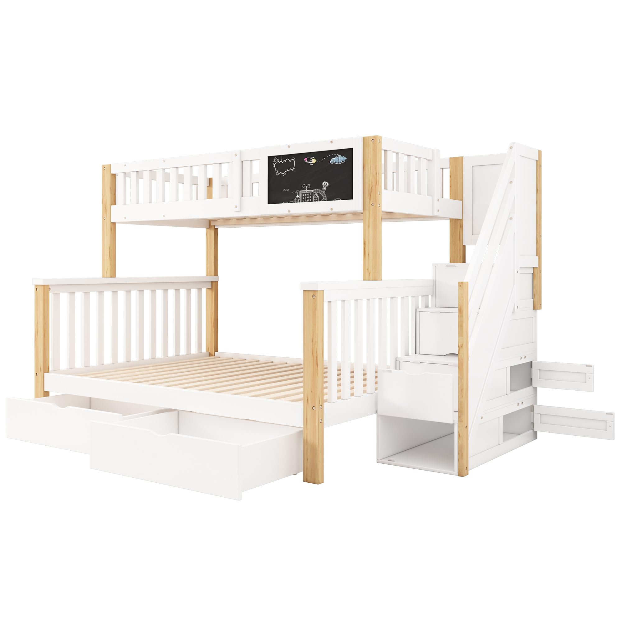Moimhear Letto a castello per bambini, matrimoniale, multifunzione, con piano e cassetti, 90 x 200 + 140 x 200 cm (bianco + rovere chiaro)