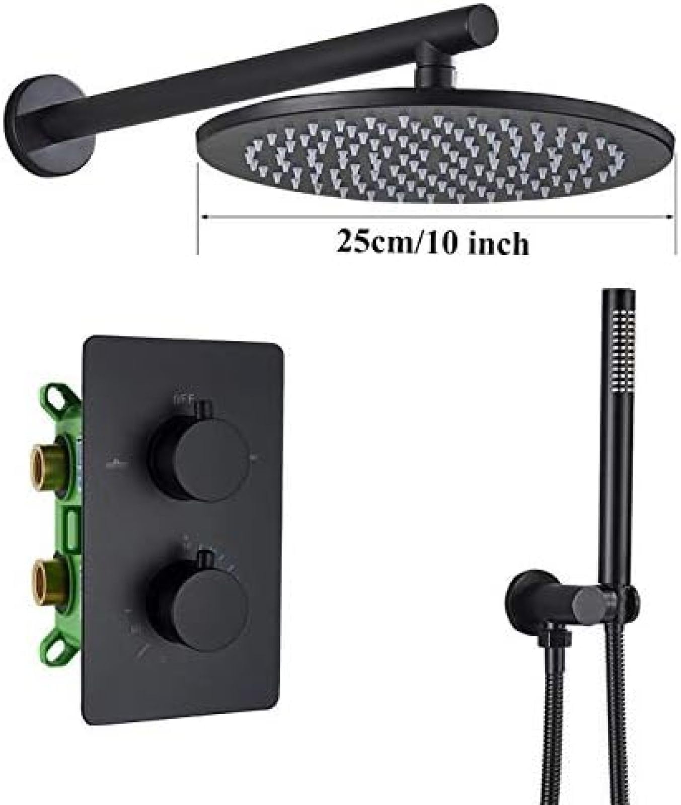 Termostatyczny System Prysznicowy, Ścienny Mosiężny Zestaw Z Deszczownicą I Ręcznym Natryskiem, 10"/12" Czarny(10 Inch)