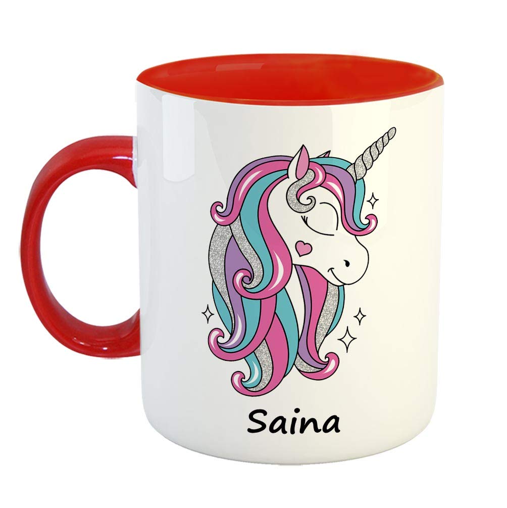 FurnishFantasy Unicorn Ceramic Coffee Mug - Best Happy Birthday Gift for Daughter, Sister, Gift for Kids, Return Gift - Color - Red, Name - Saina