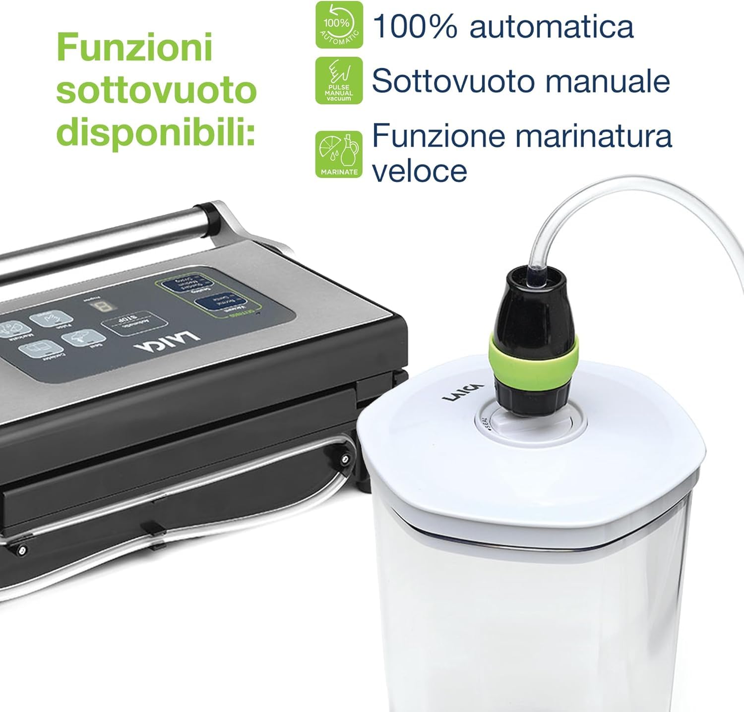 LAICA Macchina Sigillatrice Sottovuoto per Alimenti - Sigillatrice a Caldo Automatica per 100 Cicli Consecutivi - Con Fornitura Extra di Sacchetti per Sottovuoto