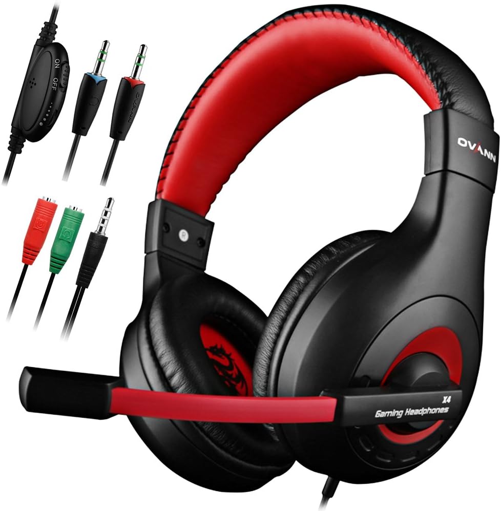 DLAND Gaming Headset, 3.5mm Wired Bass Stereo Noise Isolation Gaming Headphones for Online Gaming with Mic for Laptop Computer, Cellphone, PS4 and so on- Volume Control (Black and Red)