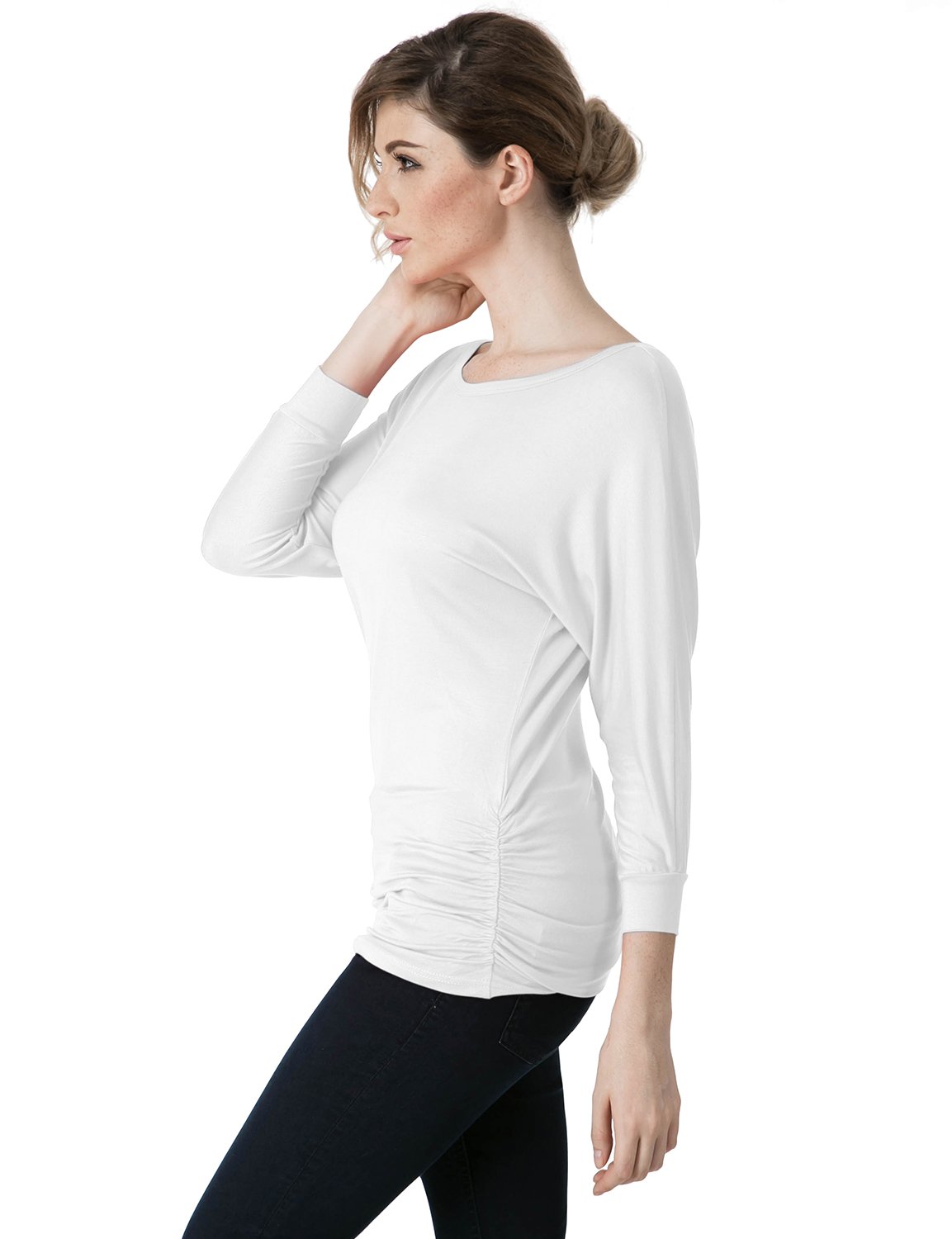 ElbonBoutique Womens Side Shrring Casual Half Sleeve Comfy T Shirt, White, Medium