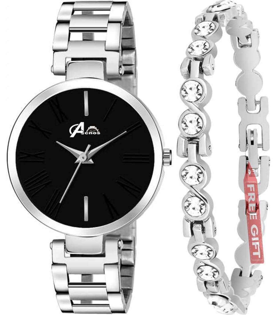 Acnos Women Premium Brand - A Brand Stainless Steel Heavy Quality Titanium Steel With Black Dial Analog Watches With Silver Diamond Bracelet ! Pack Of - 2 Festival Special, Black Band (B08W3JM1QW) Amazon Price History, Amazon Price Tracker