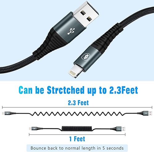 Miniatura 6 de JUKEKUL Cable Lightning en espiral de 3 pies de nailon trenzado, cargador de iPhone de carga rápida para automóvil certificado Apple MFi, compatible