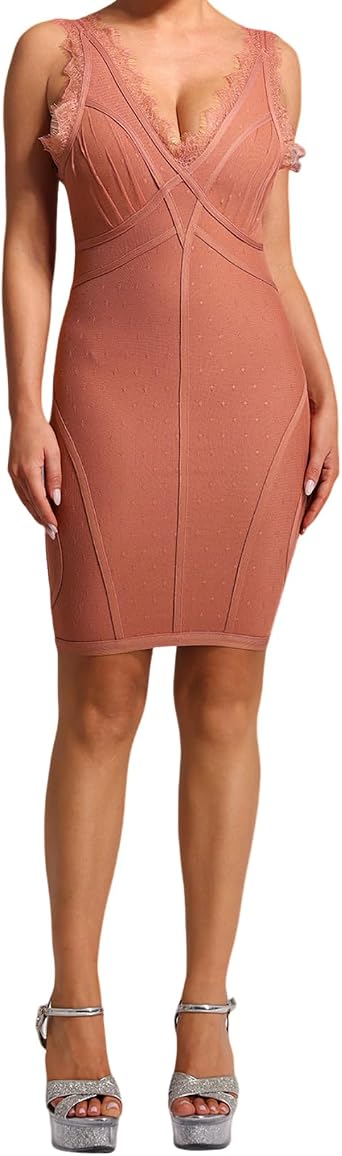 BELLA BARNETT Pink Halter Neck Deep V 3D Striped Vacation Dress Sleeveless Slim Waist Mini Bandage Dress for Summer