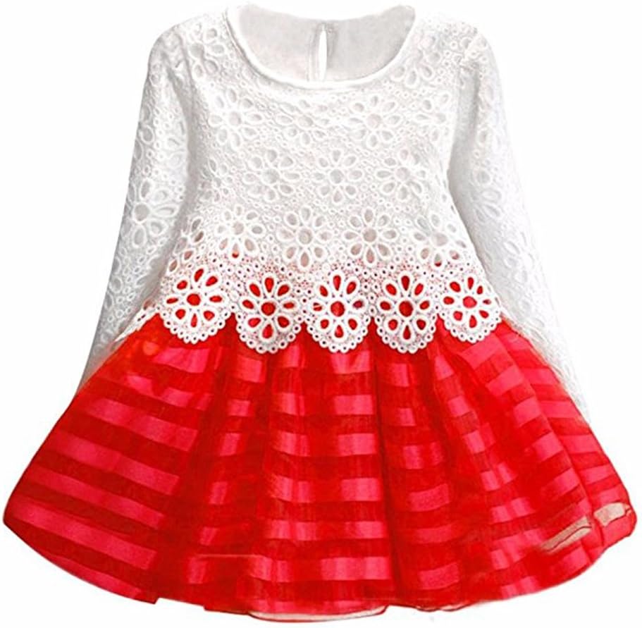 Girl Dress Kids Long Sleeve Lace Party Wedding Tutu Dresses(Red,6T)