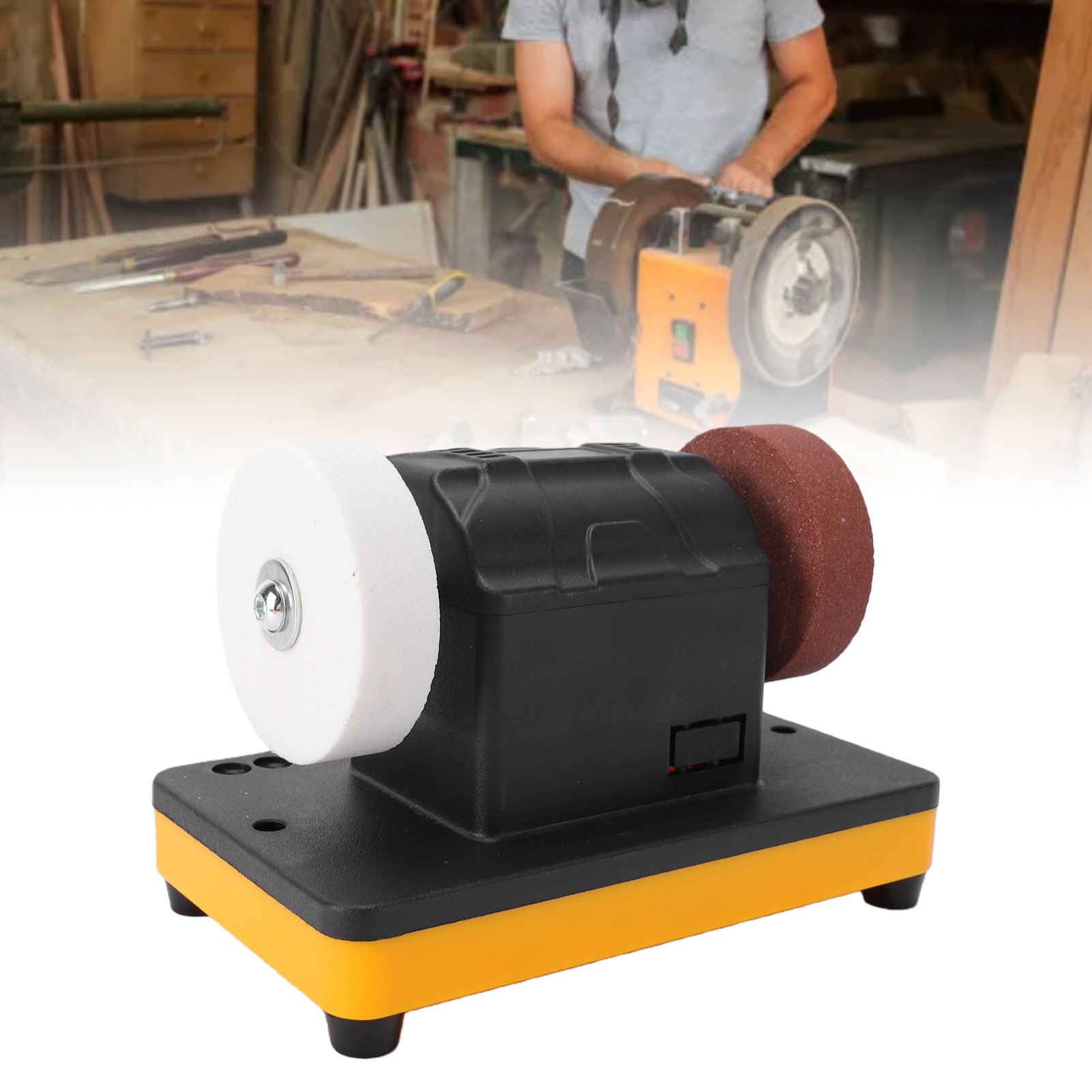 Generic Mini Smerigliatrice da Banco Potente Lucidatrice per Affilare Utensili Piccola Levigatrice Elettrica Portatile Adatta per Batteria 18V Giallo