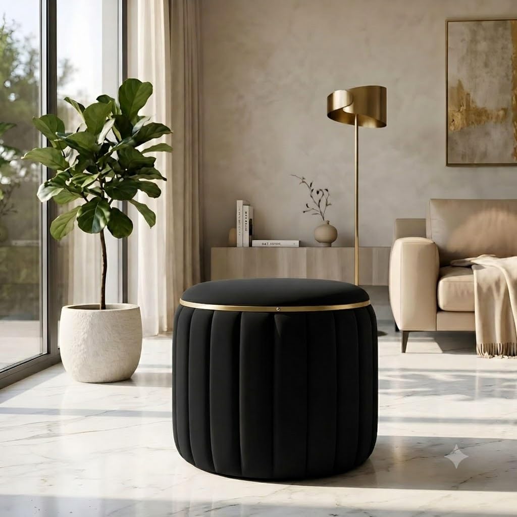 Premium Black Velvet Storage Ottoman with Hidden Storage, Round Foot Rest Stool, Upholstered Vanity Makeup Seat for Living Room & Bedroom with Gold Accent Ring-image-49