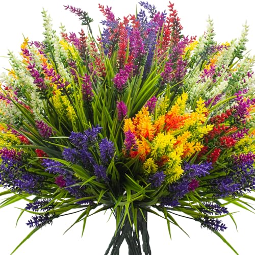 Image of Grunyia Artificial Lavender Plants with Mixed Color Flowers, 20 Bundles, Outdoor Decorative Grass