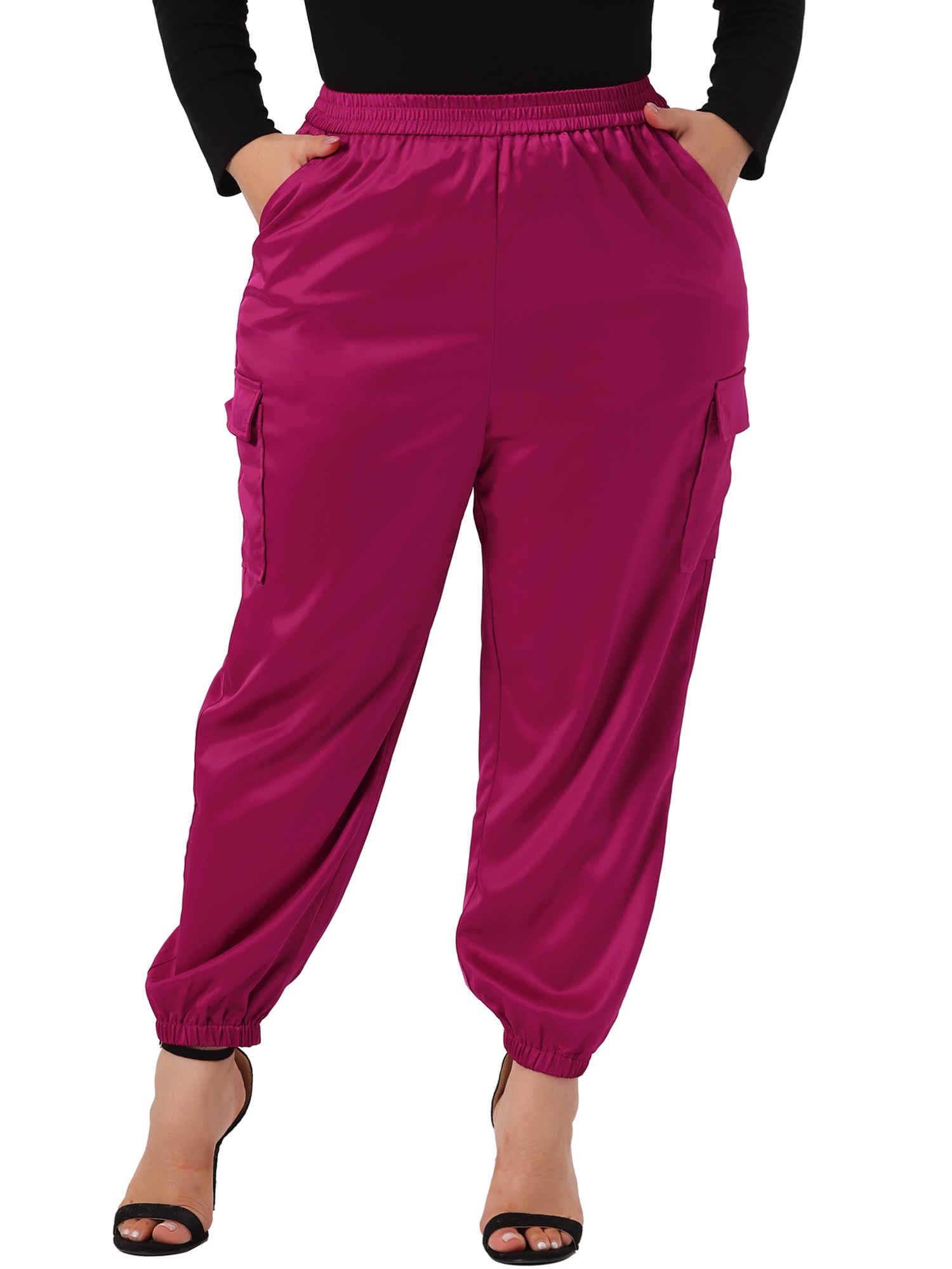 Agnes Orinda Plus Size Satin Joggers for Women Elastic Waist Athleisure Ankle Length Cargo Pants with Pocket
