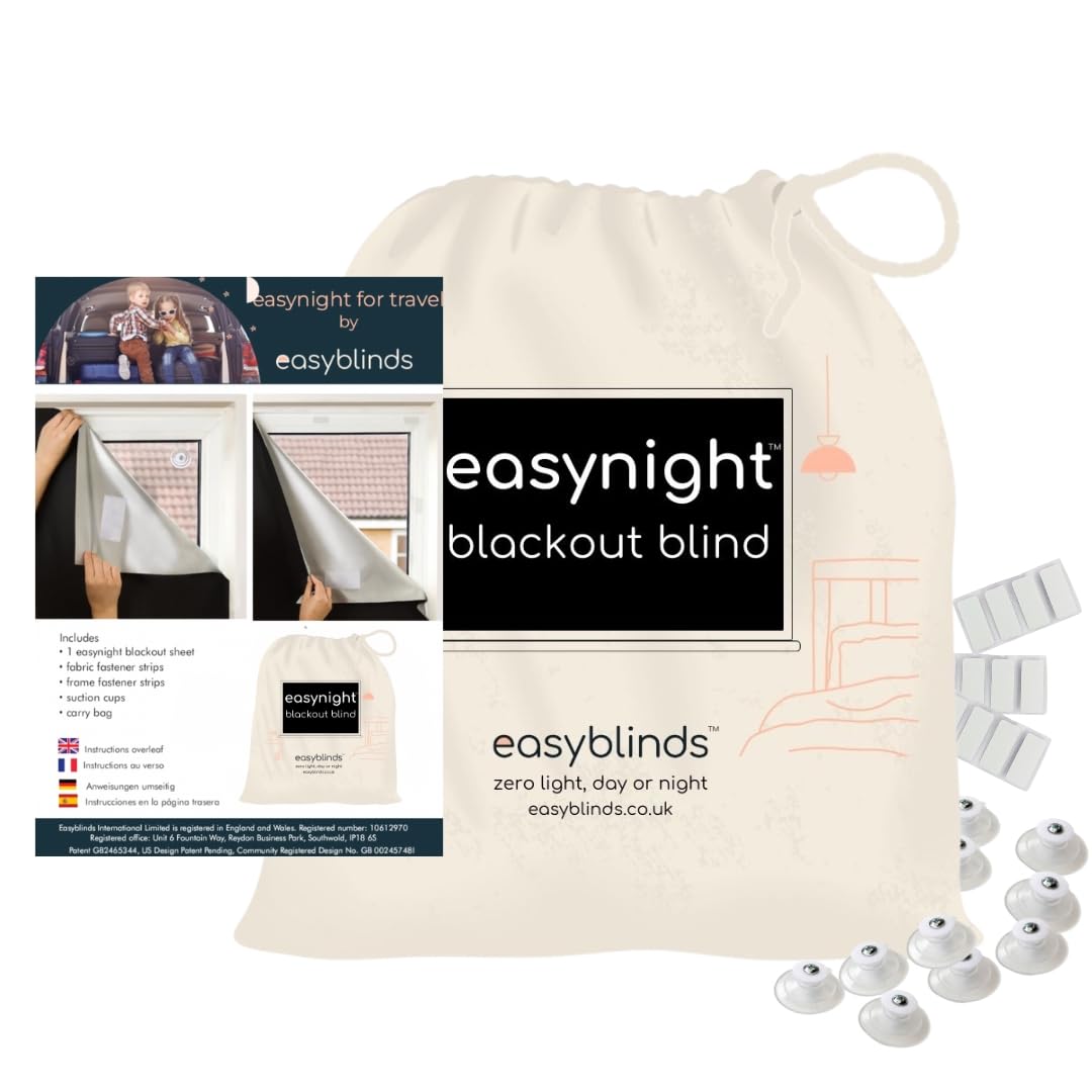 Easynight Portable Travel Blackout Blind, 100% Light Blocking Fabric, Large, Fit Any Size/Shape Up To 200x145cm, Made to Measure Service Available, No Drill, Easy Use Temporary Permanent Anywhere
