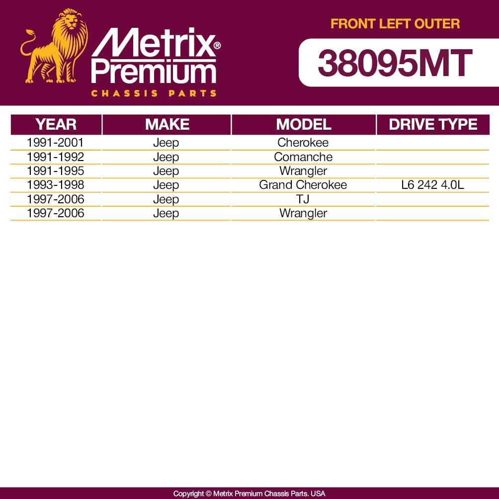 Metrix Premium Chassis Parts - Front Left Outer Tie Rod End Fits 91-01 Jeep Cherokee, 91-92 Comanche, 91-95 Wrangler, 97-06 Wrangler, 93-98 Grand Cherokee, 97-06 TJ, ES3094L, Made in Europe