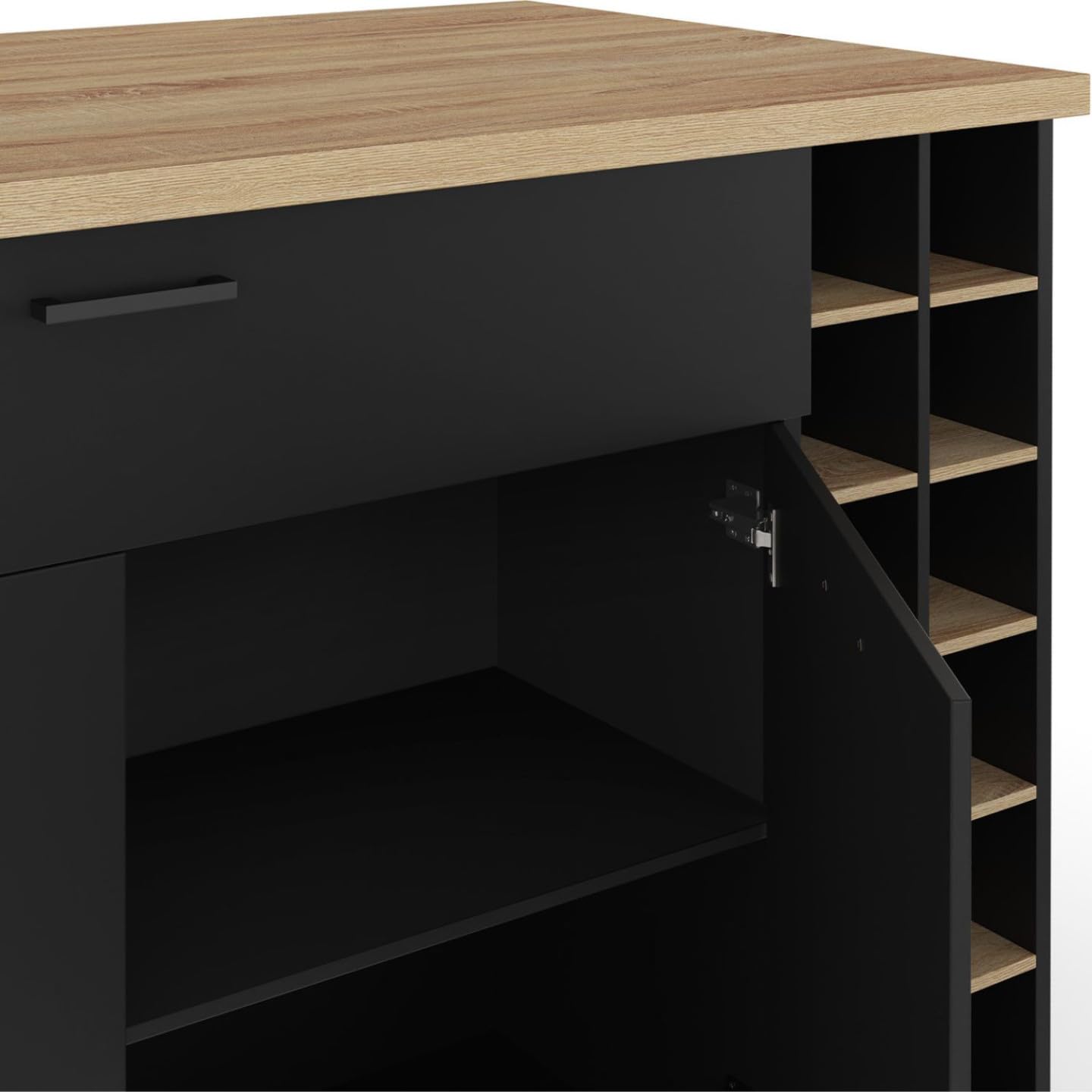 IDMarket - Ilot Central George avec Range-Bouteilles Placard et tiroir Bois Noir avec Plan de Travail façon hêtre