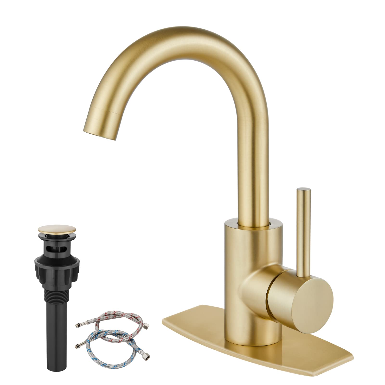 Airuida Brushed Gold Mini Modern Kitchen Faucet, Single Handle Wet Bar Sink Faucets SUS304 One Hole Mixer Tap 360 Degree Swivel Spout Vanity Lavatory Sink Faucet with Pop Up Drain and Supply Hoses