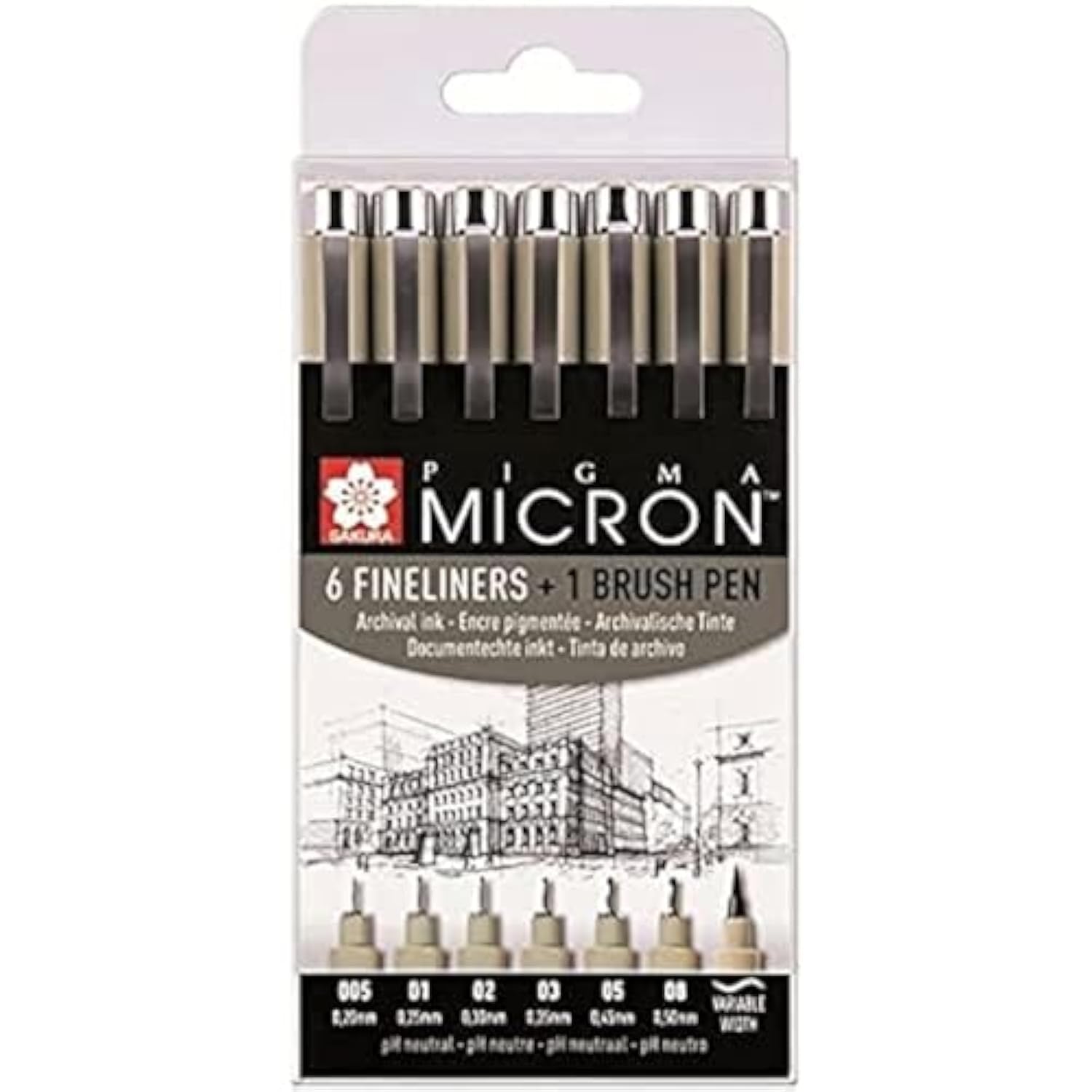 SAKURA Pigma Micron POXSDK7B - Juego de rotuladores finelineros (6 tamaños + 1 pincel Pigma), color negro