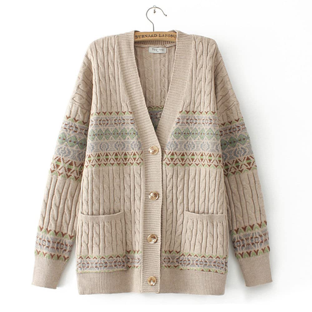 EIBA Chaqueta Mujer,Cárdigans De Punto para Mujer Vintage Étnico De Talla Grande Albaricoque Botón De Jacquard con Cable Suéteres Delanteros Abiertos Cárdigan con Bolsillo Otoño Invierno Abrigo De