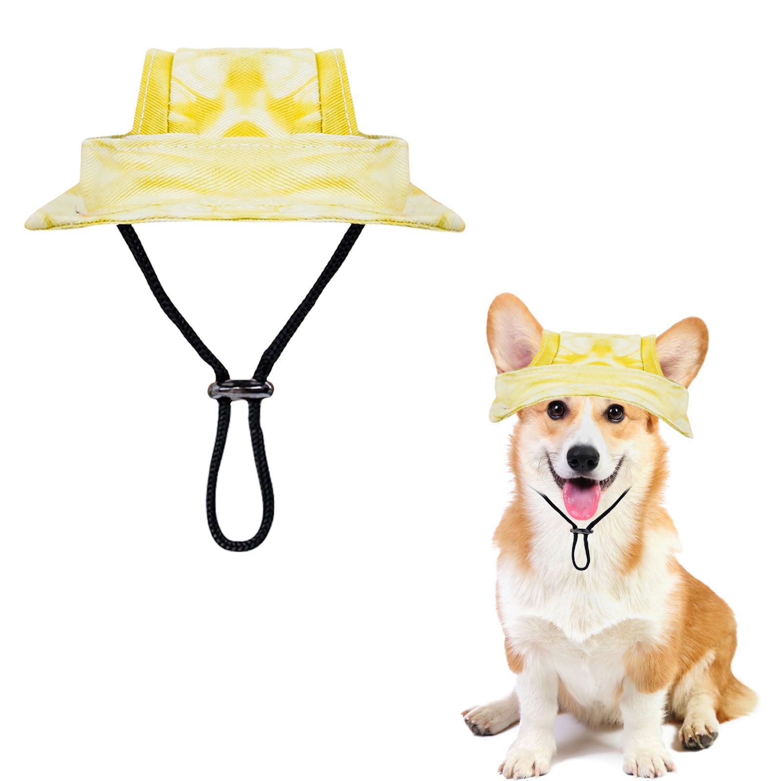 Dog Sun Hat,1PC Adjustable Princess Dog Bucket Hat with Ear Holes,Round Brim Dogs Visor Cap Pet Fisherman Hats for Pupies Small Dogs Cat Outdoor Sport (Yellow, L) — image 1