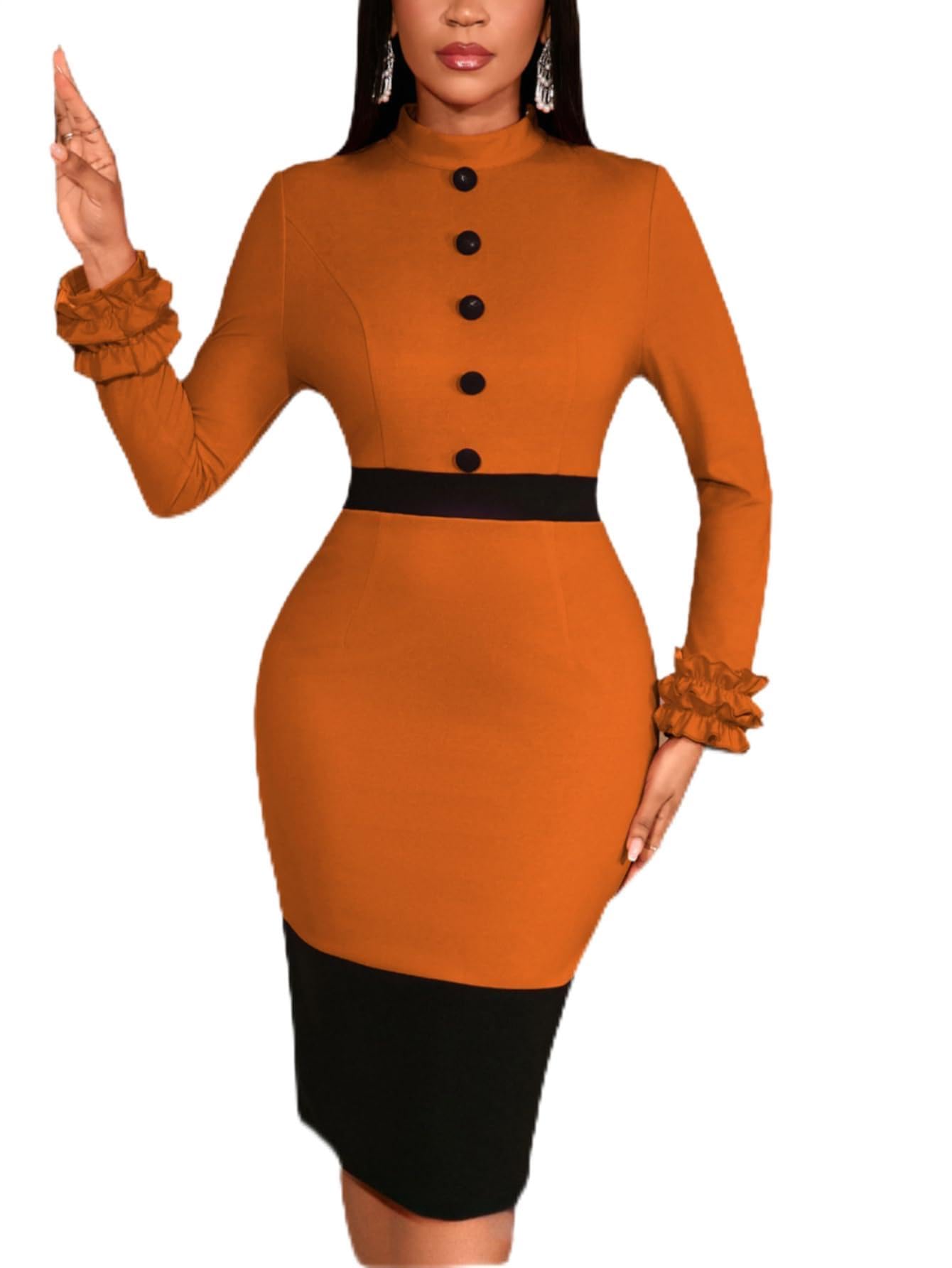 AOMEI Womens Long Sleeve Buttons Patchwork Work Business Office Party Bodycon Pencil Sheath Dress