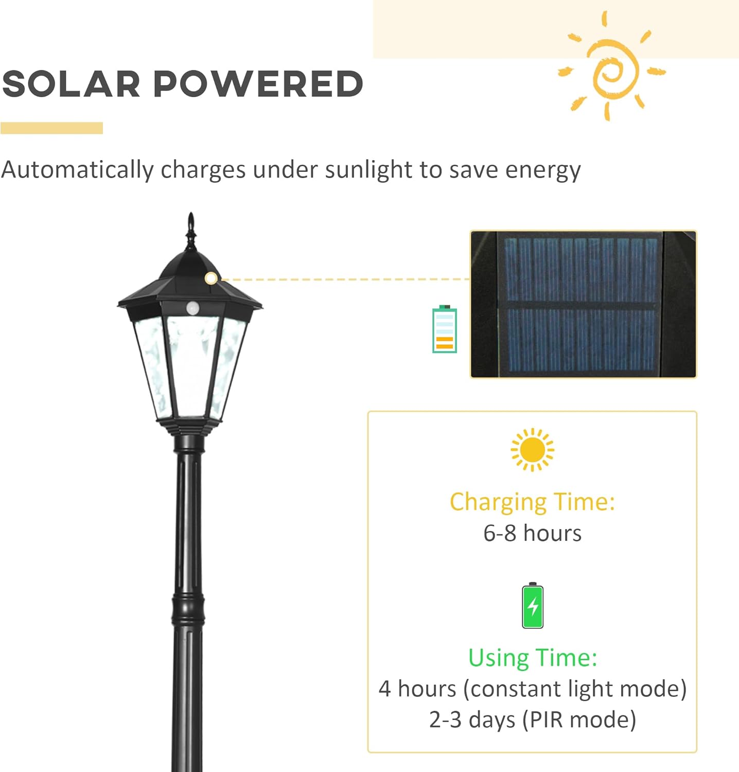 Outsunny 94.5" Solar Lamp Post Light, Dusk to Dawn Vintage Style Street Light, Aluminum Solar Powdered Lamp, PIR Motion Sensor for Garden, Lawn, Pathway, Driveway, Black