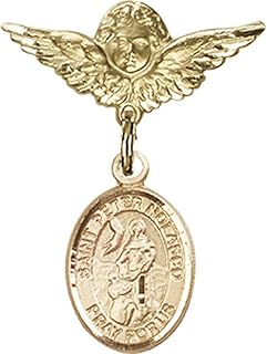 14kt Yellow Gold Baby Badge with St. Peter Nolasco Charm and Angel w/Wings Badge Pin 1 X 3/4 inches