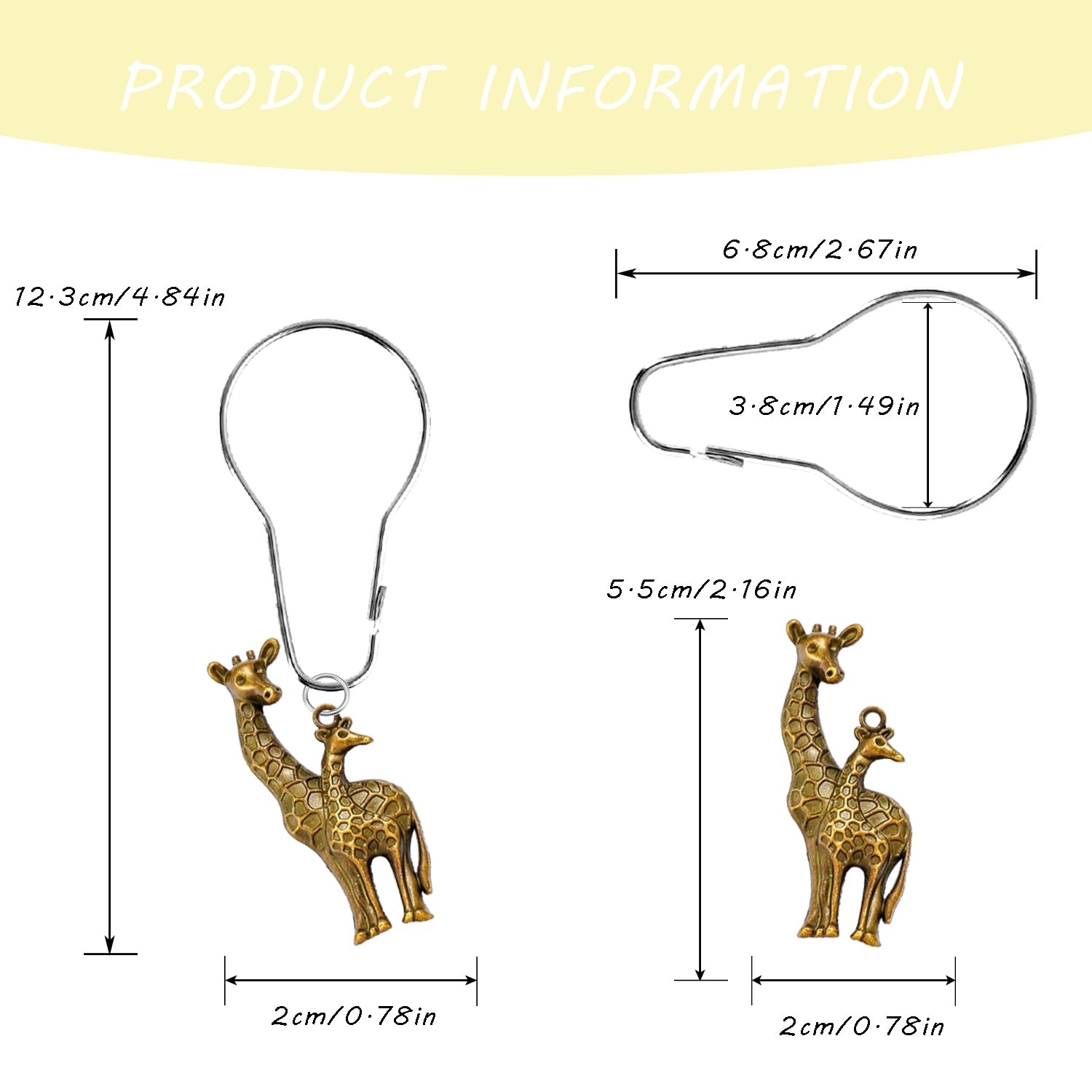 YRMLYMOP Giraffe Shower Curtain,12 Pcs Giraffe Shower Curtain Hooks Animal Forest Park Theme Decor, House Bathroom Decor Accessorie, Giraffe Bathroom Set Stainless Steel Ring Rustproof (Bronze)