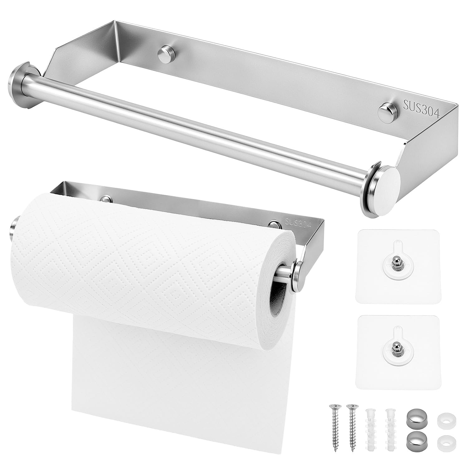 Qwork Silver Qwork® Dual-Purpose Kitchen Paper Towel Holder, 304 Stainless Steel Drilling/Self Adhesive Versatile Towel Holder, For Kitchen Bathroom