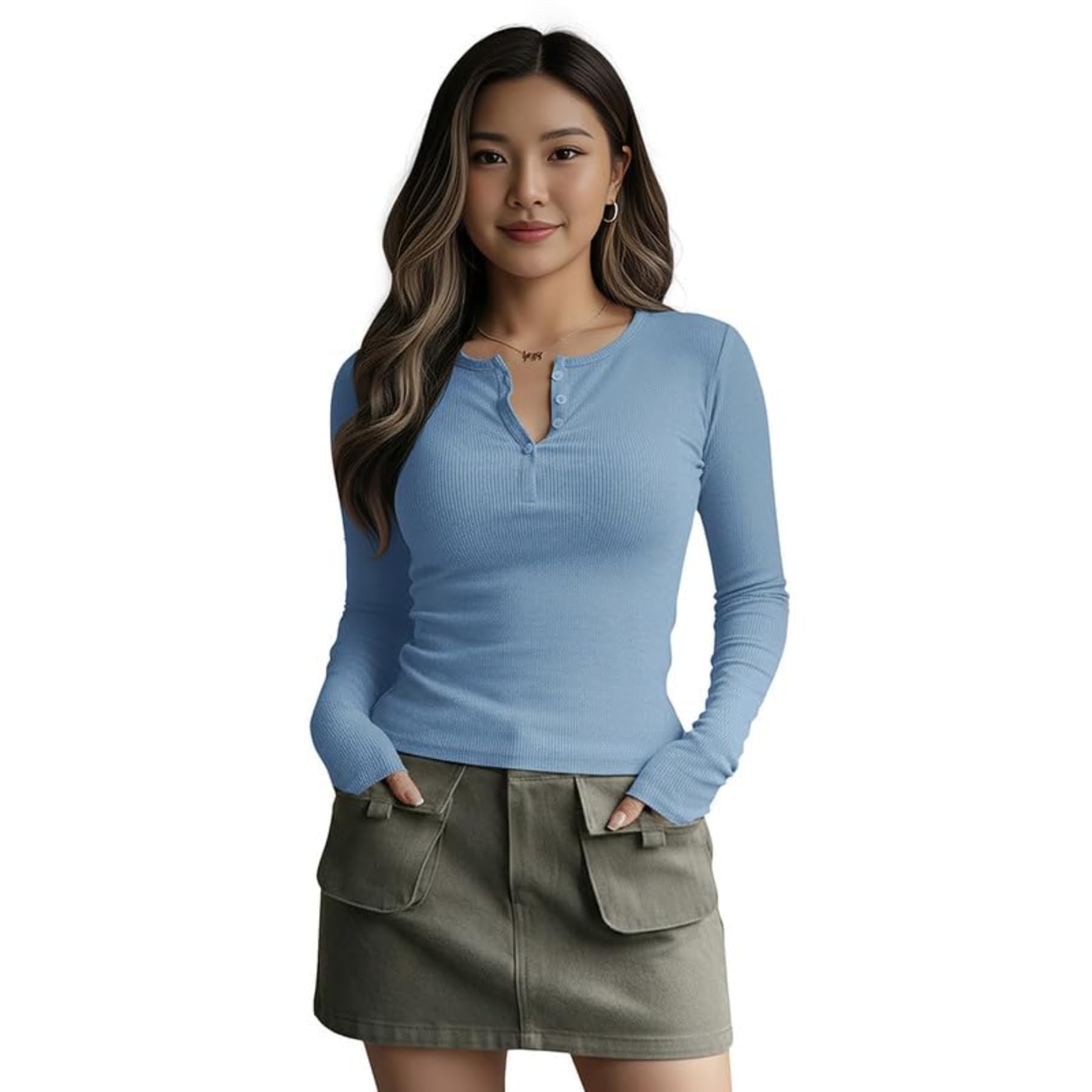 Women’s Solid Ribbed Henley Top | Long Sleeve Slim Fit Stretchable Casual Tee for Everyday Wear23 Inches(Top-Saiyaraa-P)-image-49