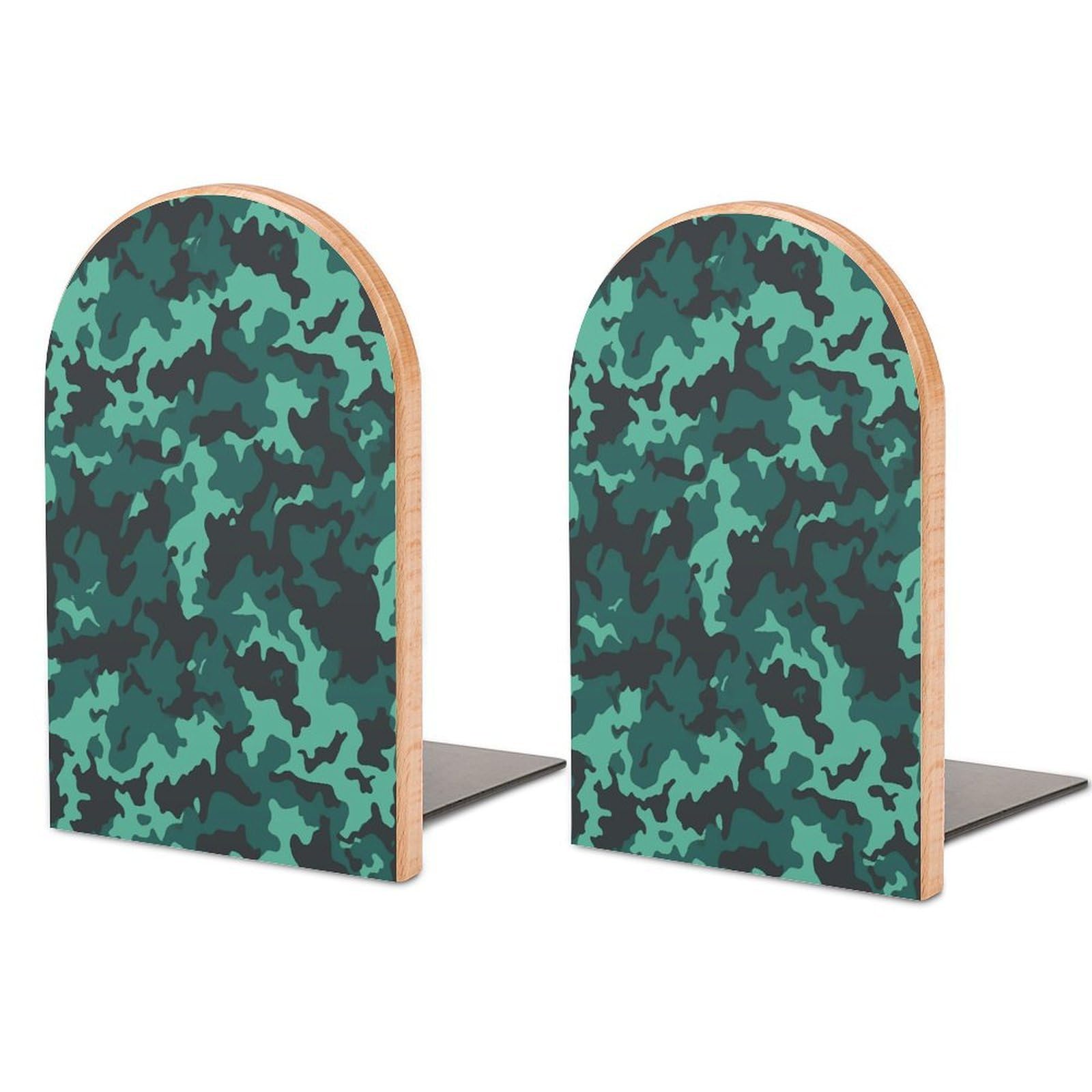 Teal Camouflage Bookend for Shelves Fashion Modern Wood Book End with Non-Slip Metal Base Universal Economy Bookend Book Organizer for Home Office Desk Accessories 1 Pair