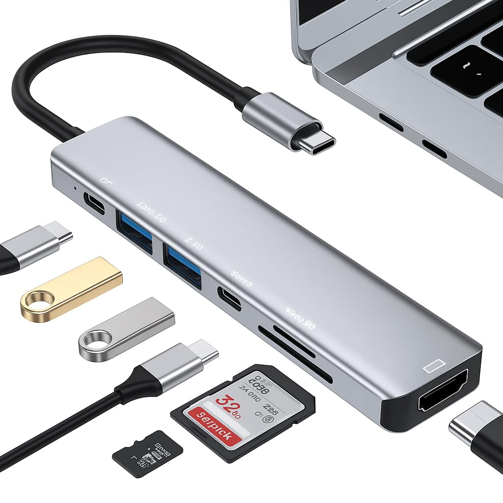 Adaptador Hub 7 em 1 USB-C Premium com HDMI 4K 60Hz, USB 3.0, SD/TF, PD 100W, Multiportas