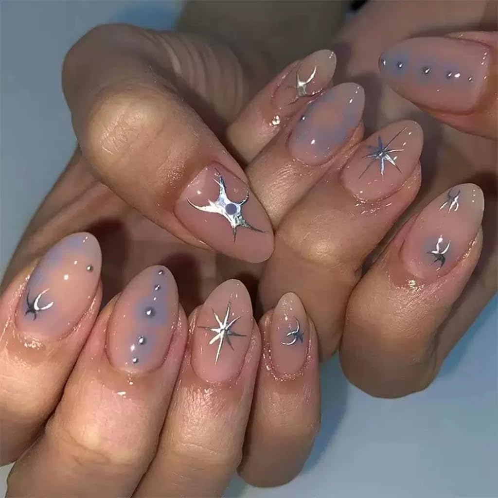 Almond Press on Nails Short Fake Nails Gradient False Nails with Silver Star Design Gradient Glossy Acrylic Nails Full Cover Stick on Nails for Women