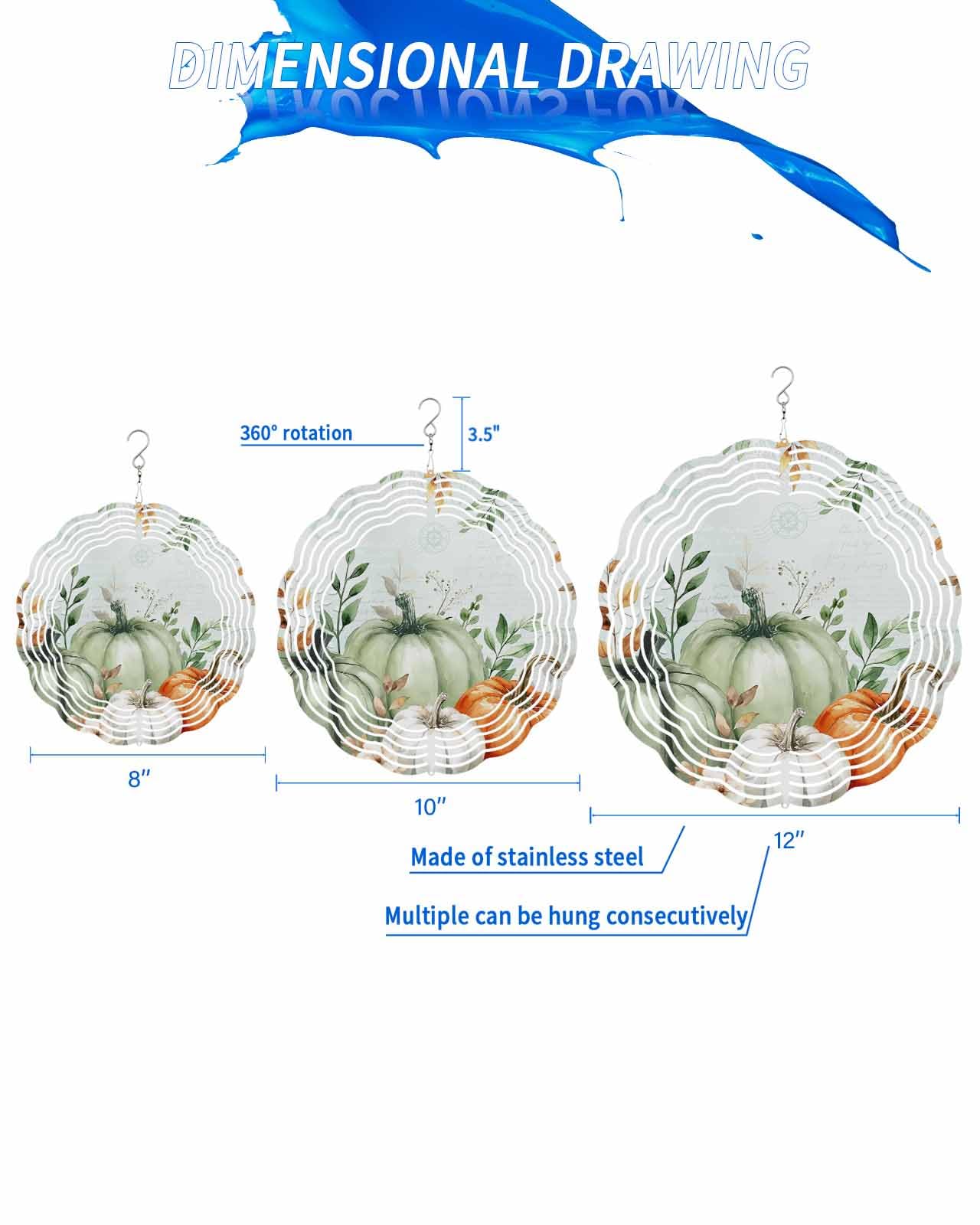 Autumn Wind Spinners, Sage Green Orange White Pumpkin Leaves Hanging Wind Spinners for Yard and Garden 3D Stainless Steel Metal Sculptures Crafts Ornaments 12 Inch