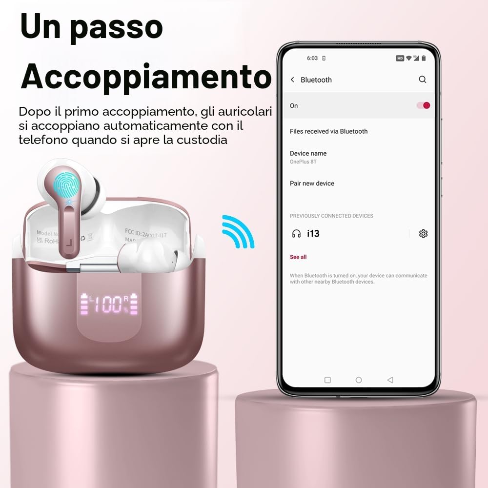 Ordtop Cuffie Bluetooth, Auricolari Bluetooth 5.4 con 4 HD ENC Cancellazione Rumore Mics, 40 Ore HiFi Stereo Cuffiette Bluetooth con LED Display USB-C, IP7 Impermeabili Cuffie Wireless per Android/iOS