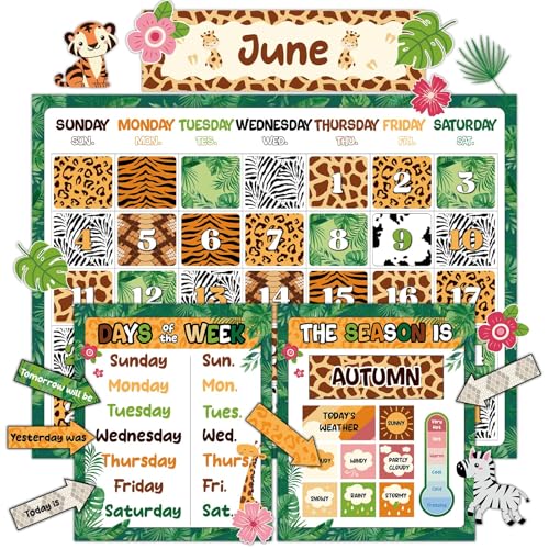 Safari Jungle Animals Calendar Bulletin Board Set for Classroom Decoration Wild Calendar Season Weather Chart Animal Simply CTP Paper-Cuts for Back to School Teacher Nursery Chalkboard Wall Door Decor