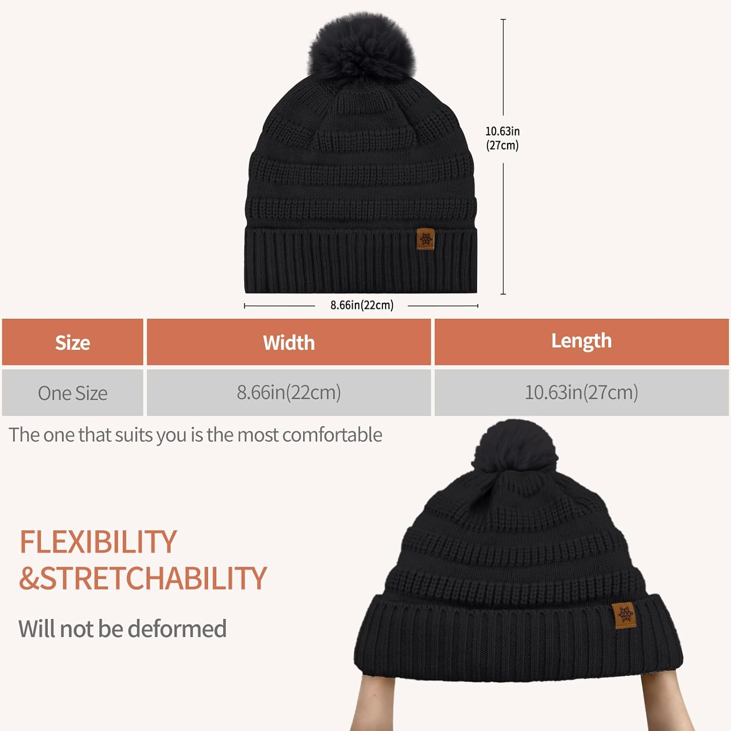 Winter Beanie Hats for Women with Faux Fur Pom Warm Cozy Knit Fleece Thermal Snow Ski Skull Cap for Cold Weather - Image 4