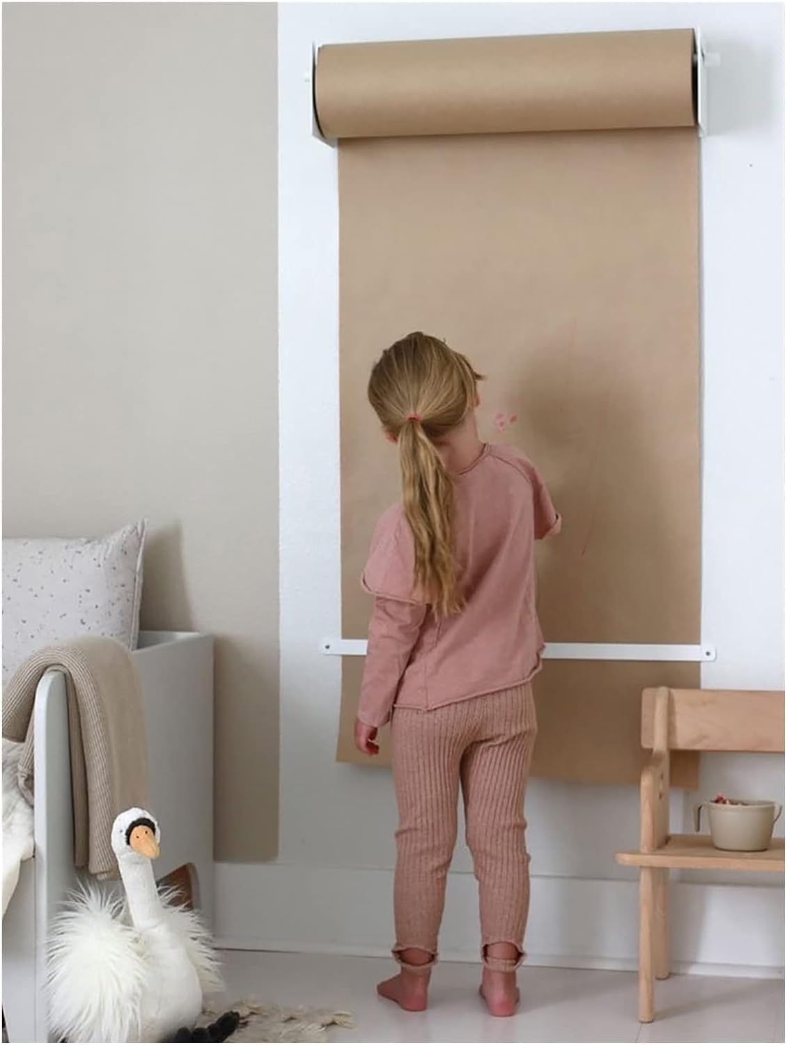 Petit distributeur et coupe-notes autocollantes - Rouleau de papier kraft à fixalantes - Rouleau de papier kraft à fixation murale pour salle à manger/chambre d'enfants/magasin/école (blanc)