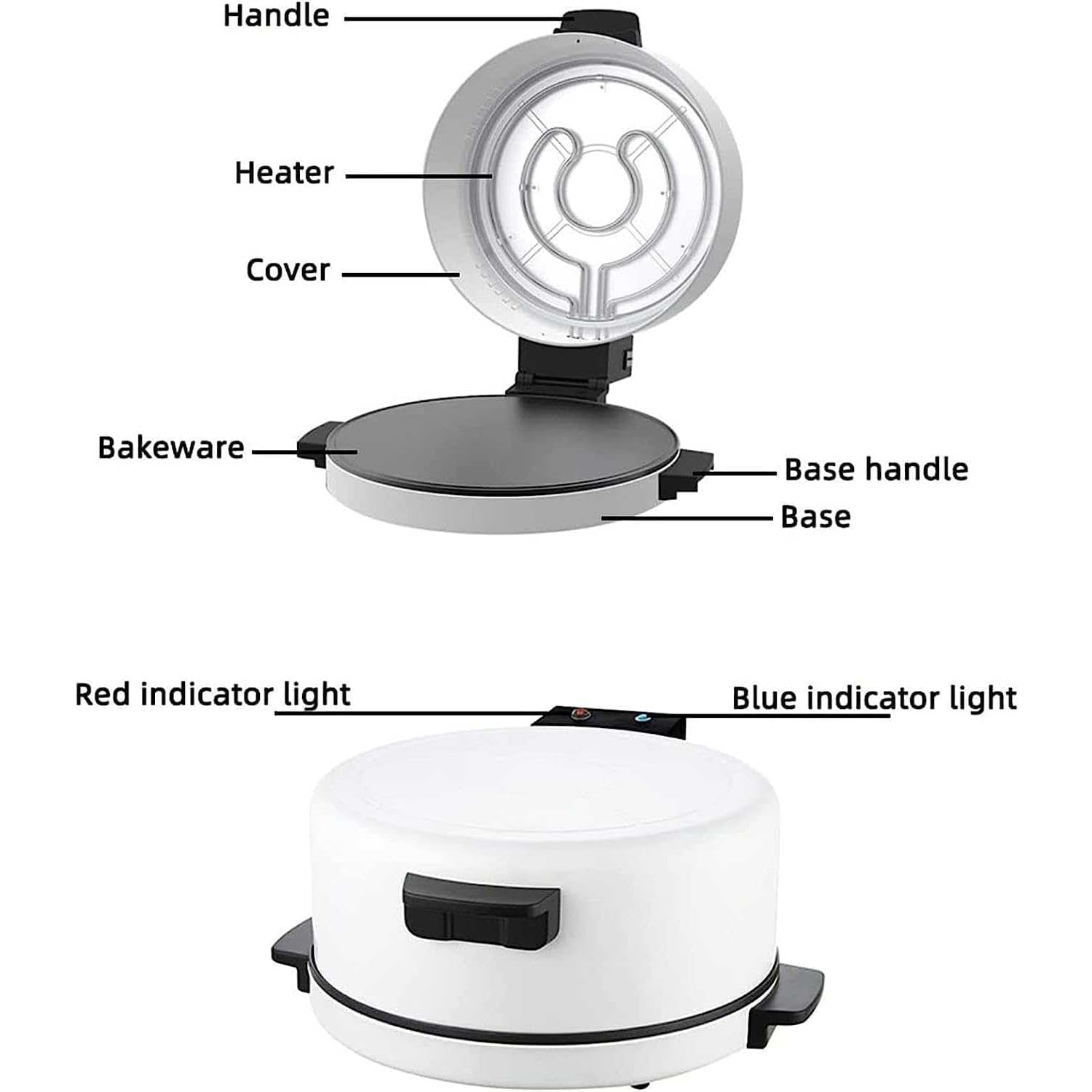 Horno eléctrico Antiadherente de Doble Cara para Pizza, 1800 W, con Luces indicadoras y de Encendido, Placa de cocción de 30 cm, para Pizzas, panqueques, Nachos, Fajitas