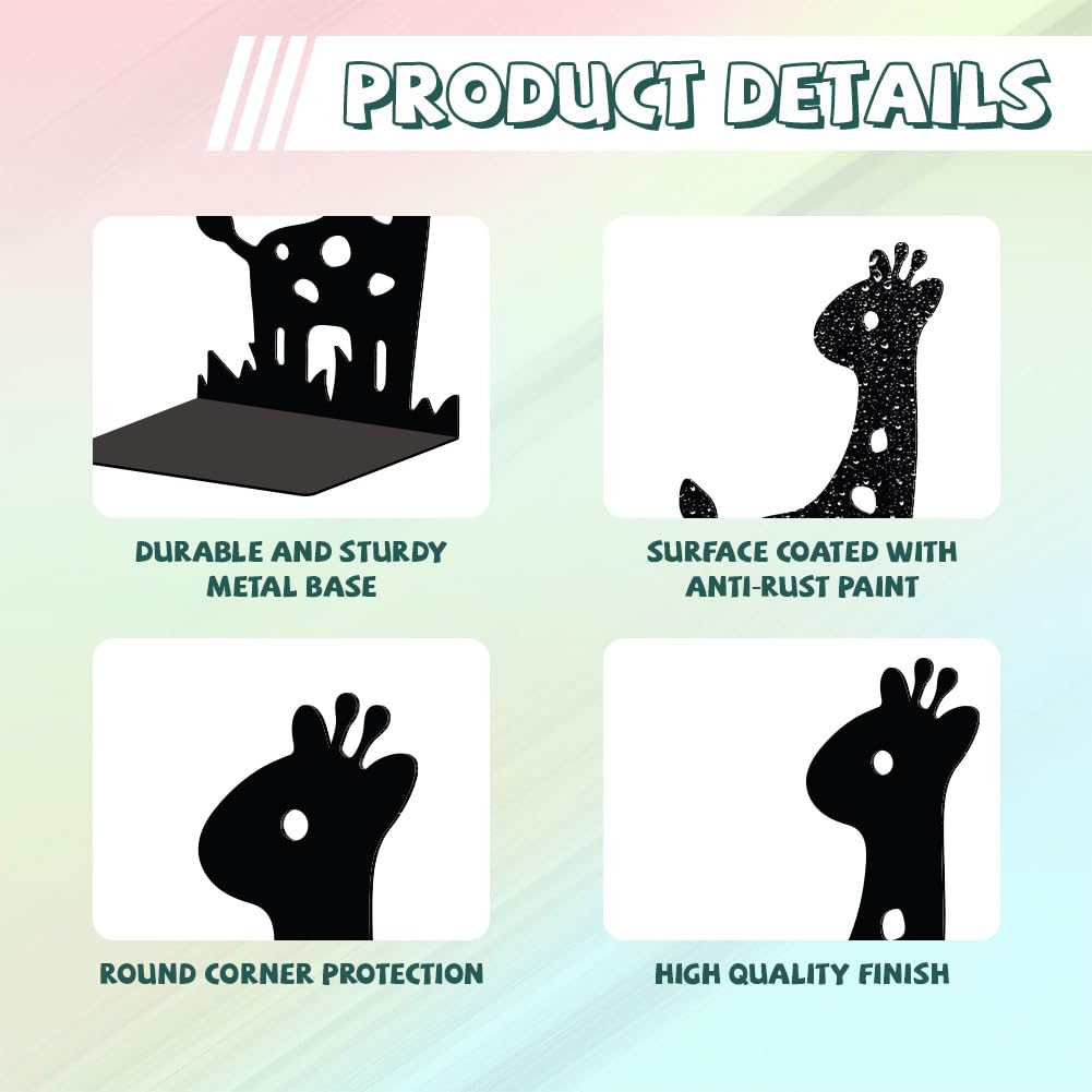 Peacoblue Metal Book Ends Stopper Holder Stand for Shelves Decorative 13.46x10.9x20cm Modern Creative Heavy Duty Study Bookends Stoppers Holder Stand for Desk Shelf 1 Pair (Giraffe) - Image 3