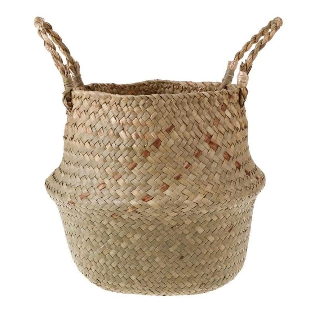 Handmade Grass Storage Basket Folding Clothes Laundry Basket Straw Wicker Rattan Seagrass Belly Garden Flower Pot Plant Woven Basket (diameter 45cm)