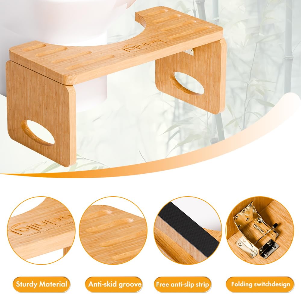 Beinilai Taburete de inodoro plegable, taburete de 7 pulgadas para baño, taburete de bambú para adultos, taburete de orinal con 2 paquetes de tiras antideslizantes