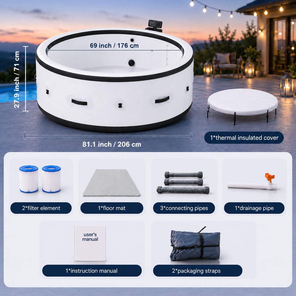 Spa Gonfiabile da Esterno 4-6 Persone, Piscina Idromassaggio 206 cm con 150 Getti di Bolle, Riscaldatore Acqua 40°C, 6 Colori LED, Vasca Massaggio Extra Robusta per Terrazza Giardino