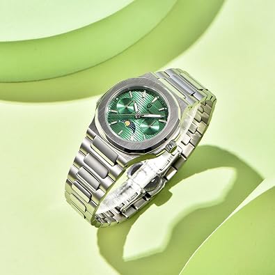 Quartz Women's Watches Luxury Stainless Steel Waterproof Wrist Watch for Women, Ladies Wristwatch, Synthetic Sapphire, Auto Date, Moon Phase, Week Display
