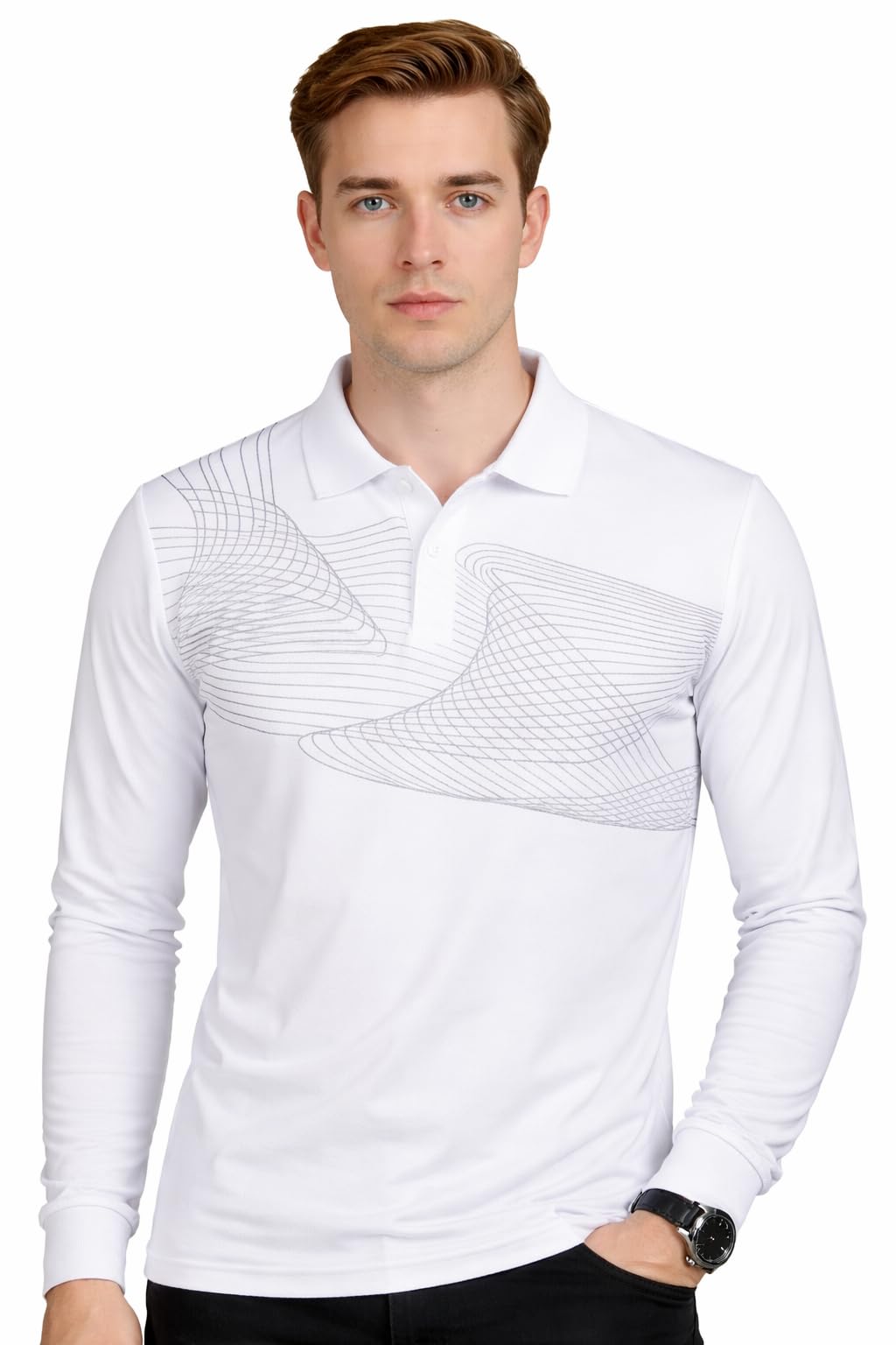 zyvro Men's Long Sleeve Polo T-Shirt Graphic Printed Slim Fit Casual Polo T Shirt for Men | Stylish Full Sleeve Collar Cotton Blend T Shirt | Comfortable Fashion Polo Tee for Men White-picture-15
