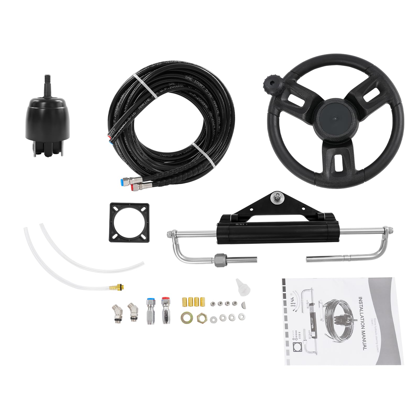 Kit de dirección hidráulica para fuerabordas hasta 150 CV, sistema de dirección de barco de 200 mm de carrera con bomba hidráulica, cilindro y mangueras. Sistemas de dirección marina para botes
