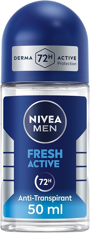 NIVEA MEN Fresh Active, Antibacterial Deodorant Roll-On 50ml for Men, 72H Protection, with Infini Fresh Formula, Long-Lasting Freshness