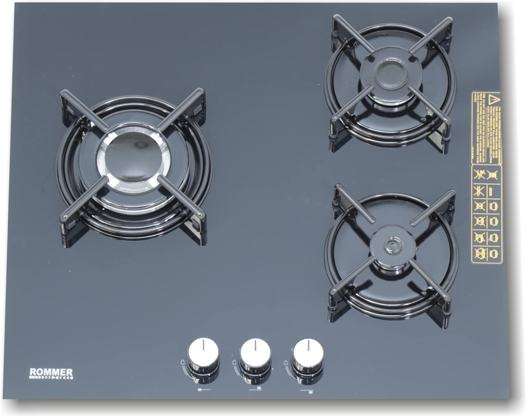 Placa gas cristal Rommer CG-3 FG, 3 fuegos, 39x59x52