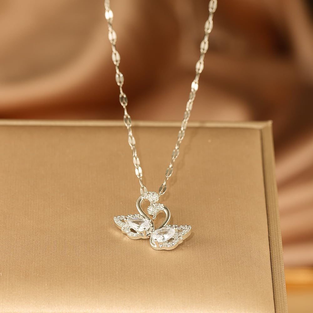 18K Gold Plated Elegant Double Swan Necklace with Cubic Zirconia – Silver-Tone Love Bird Pendant Jewelry for Women - Image 3