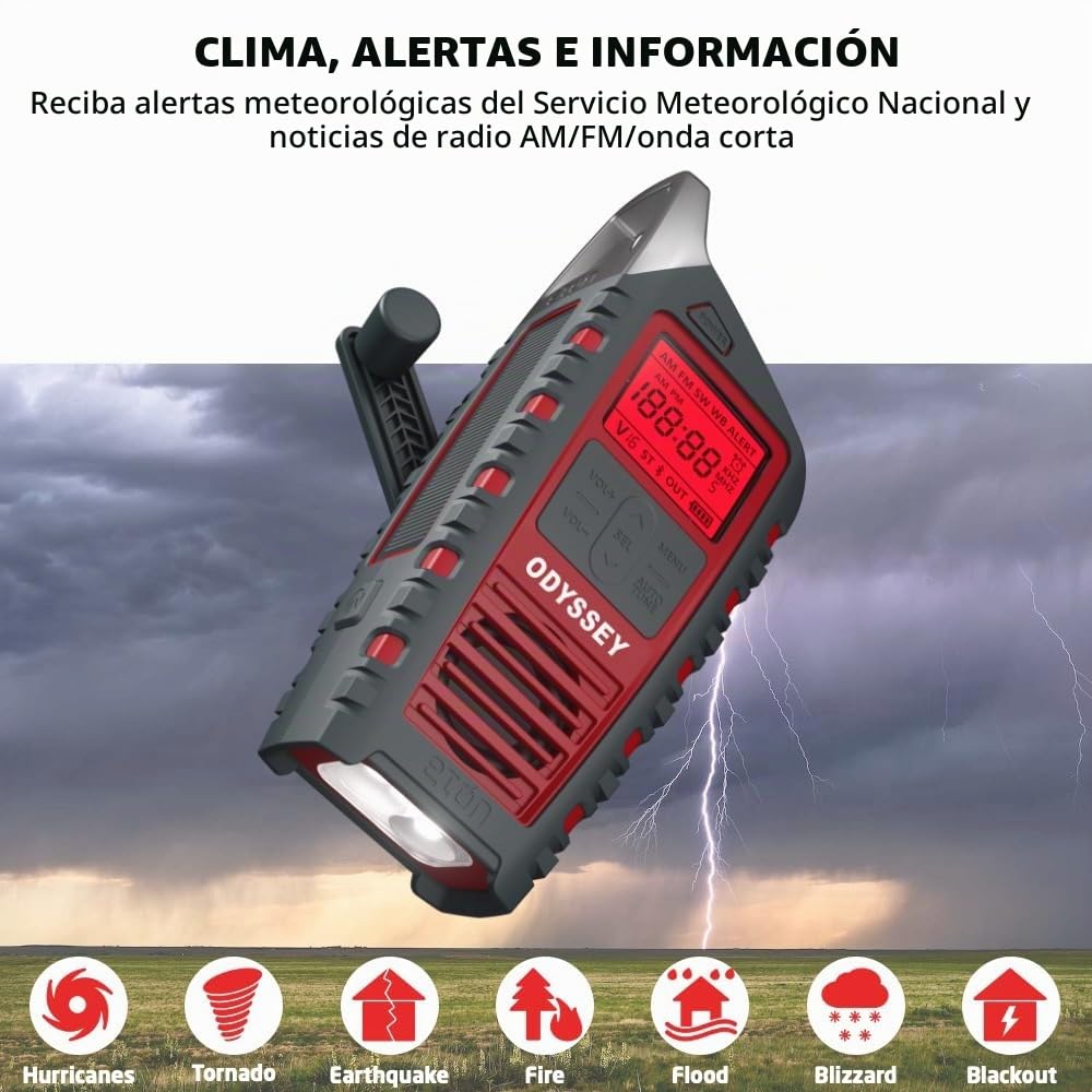Eton Odyssey - radio meteorológica NOAA con manivela, radio de emergencia multi-banda, cargador de teléfono, RDS, solar, linterna